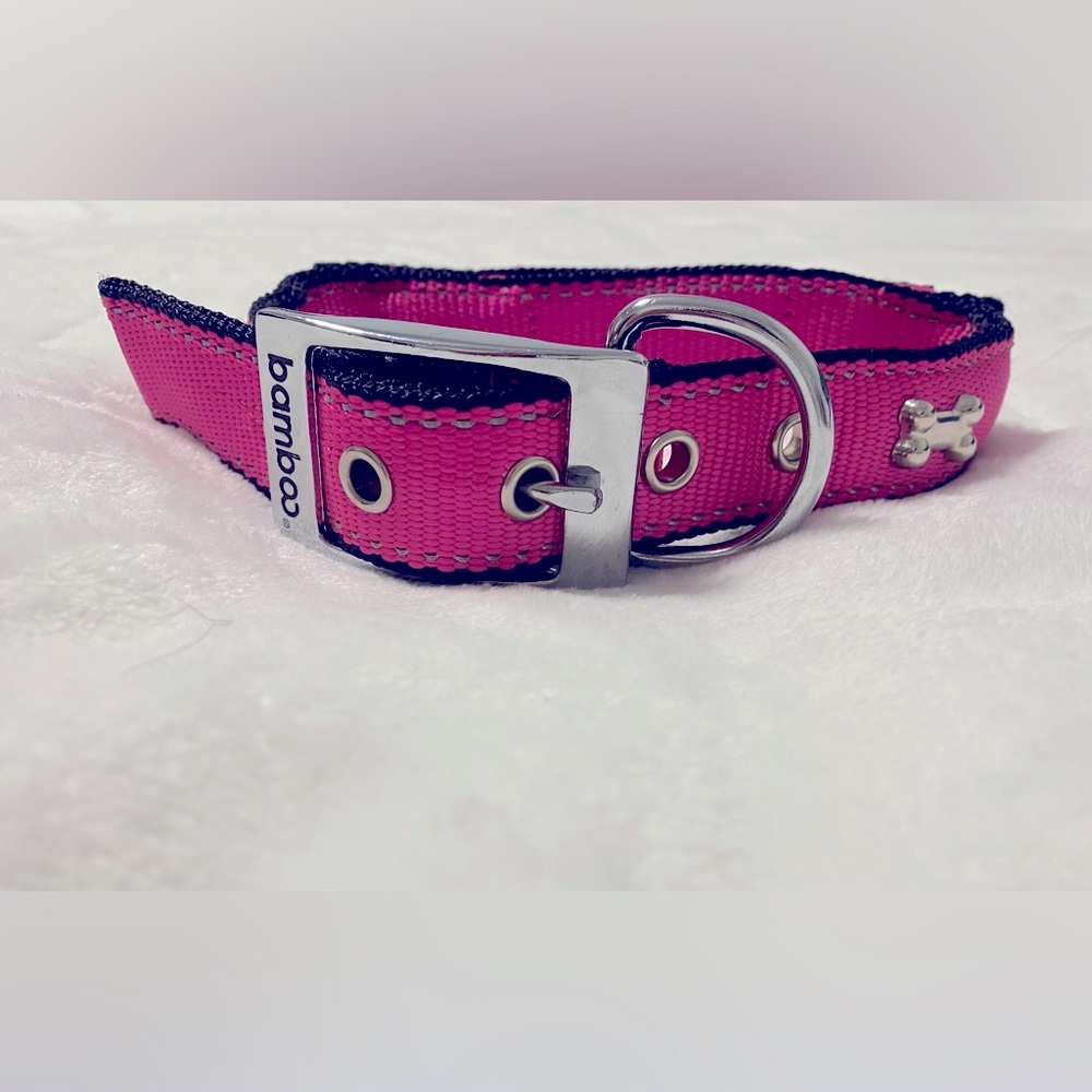 NWOT Pink bamboo Collar with Grab Handle and Silver Bones 20”